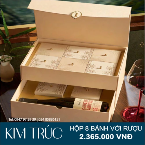 Bánh Trung Thu Hộp Kim Trúc - Hộp 8 Bánh với 01 chai Rượu Vang Thượng Hạng